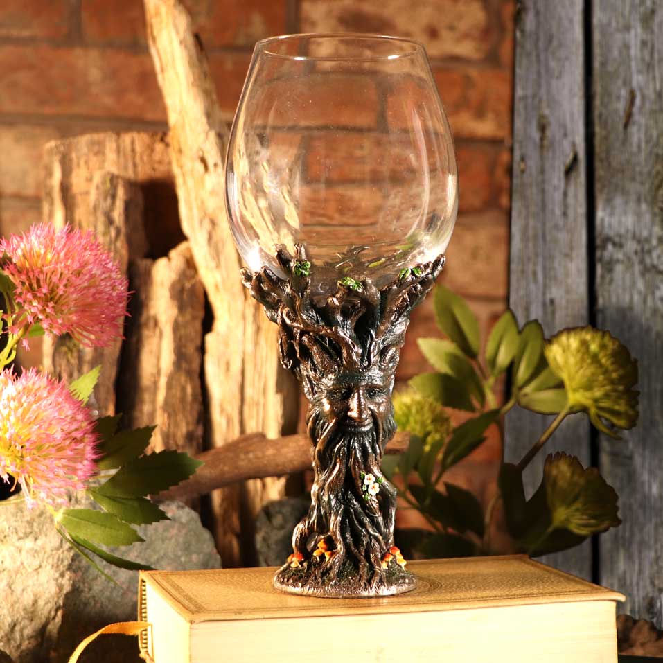 Bronze Forest Nectar Ancient Tree Spirit Green Man Goblet Wine Glass 23cm 7