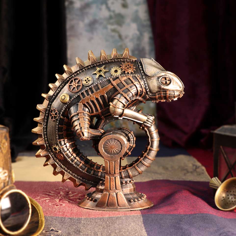 Bronze Mechanical Chameleon Steampunk Lizard Figurine 22.3cm