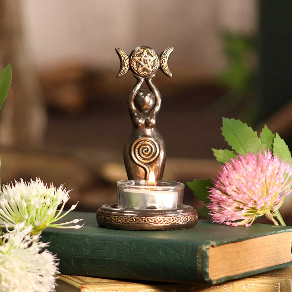 Triple Goddess Tea Light 12cm Bronze Resin Candle Holder 7
