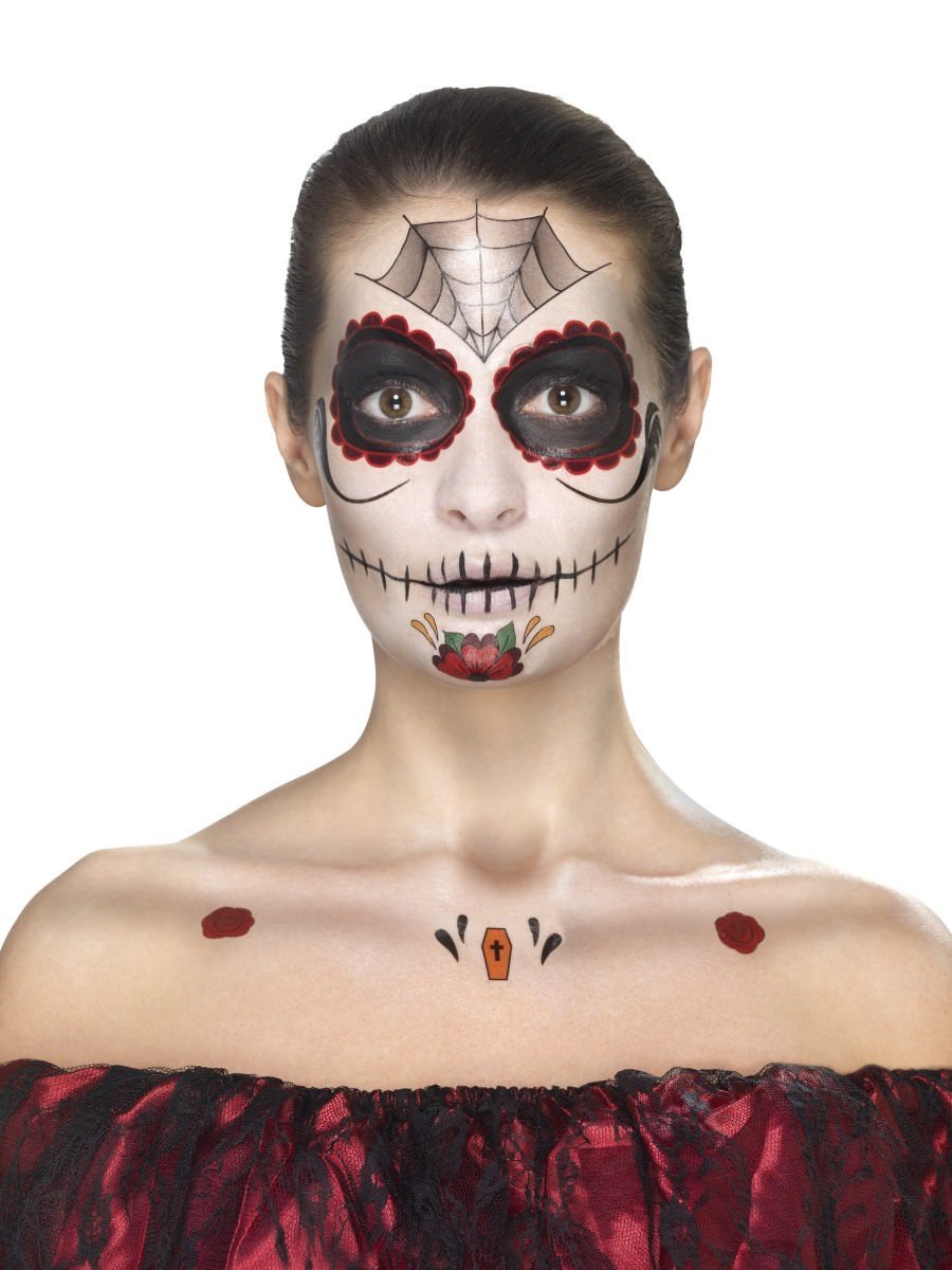 Day Of The Dead Face Tattoo Transfers Kit Aqua Adult Red Black 6
