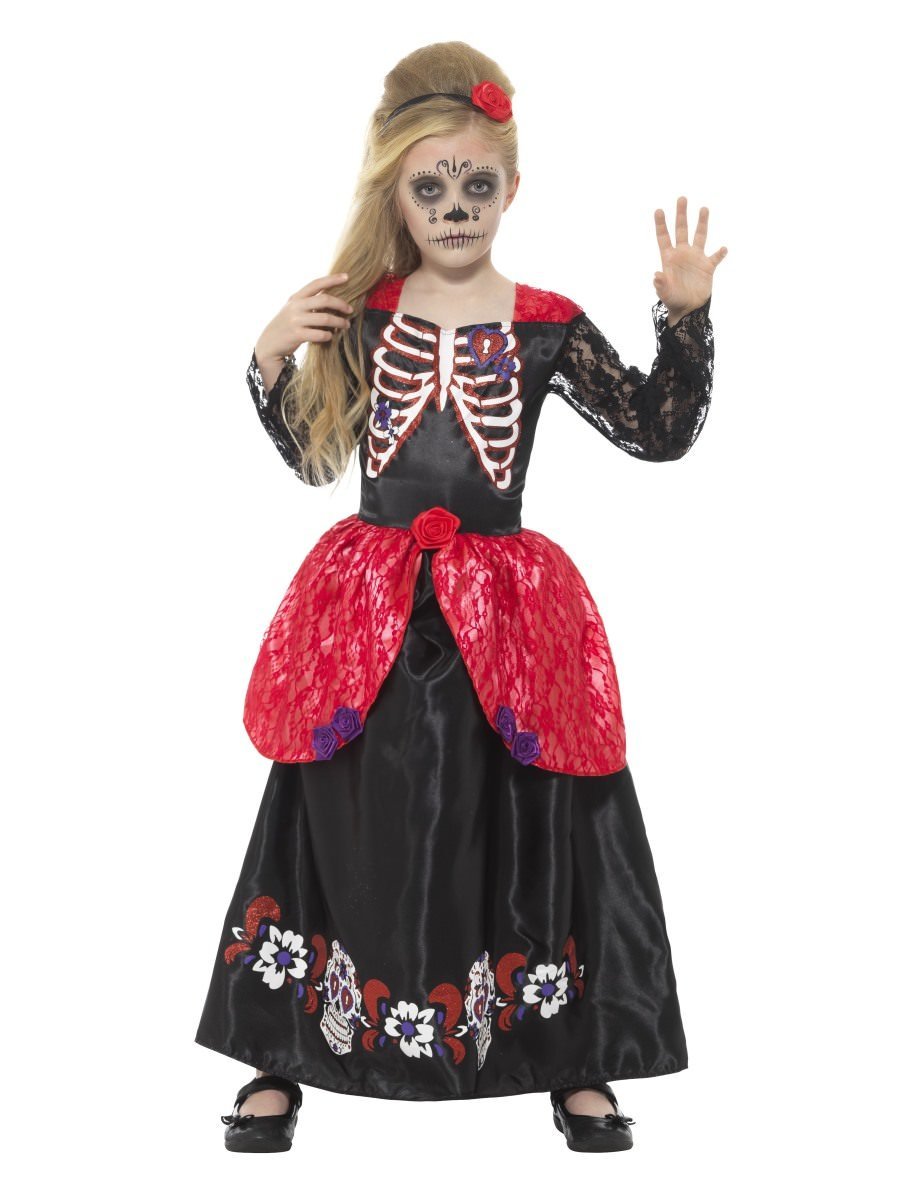 Deluxe Day Of The Dead Girl Costume Child Black Dress Headband