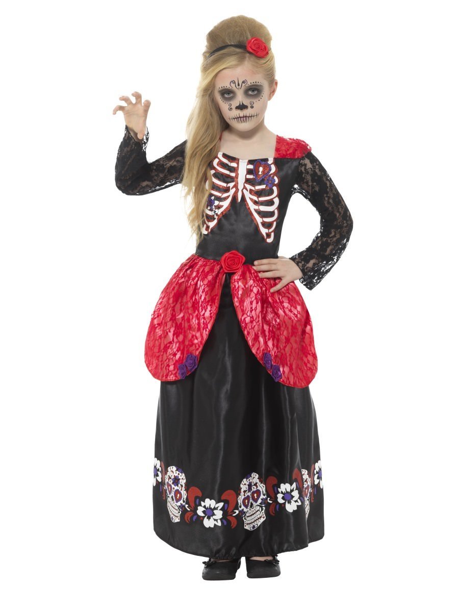 Deluxe Day Of The Dead Girl Costume Child Black Dress Headband