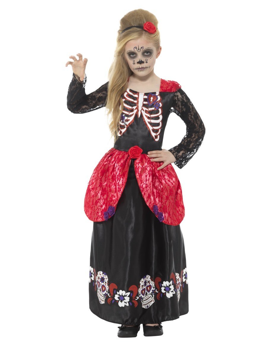Deluxe Day Of The Dead Girl Costume Child Black Dress Headband 1