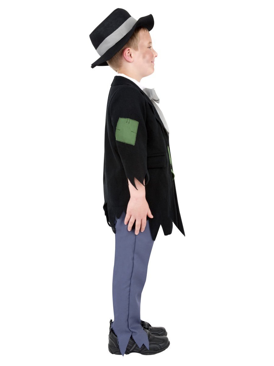 Artful Dodger Victorian Boy Costume, Black Green Top Blue Trousers Black Hat