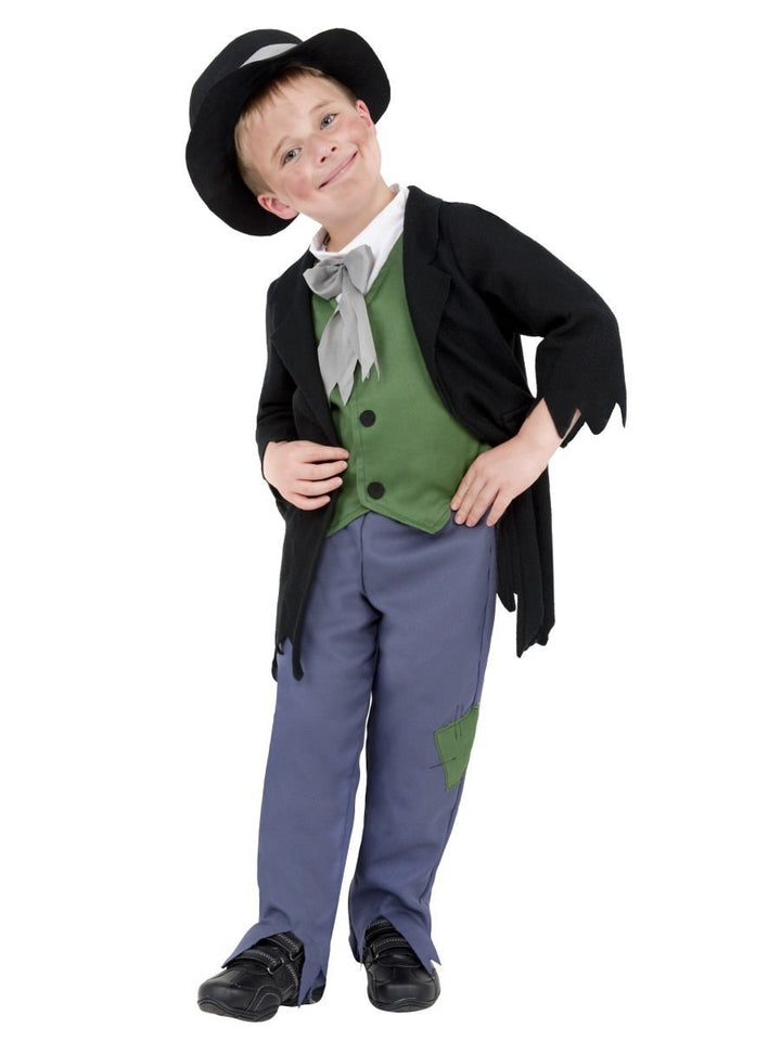 Artful Dodger Victorian Boy Costume, Black Green Top Blue Trousers Black Hat