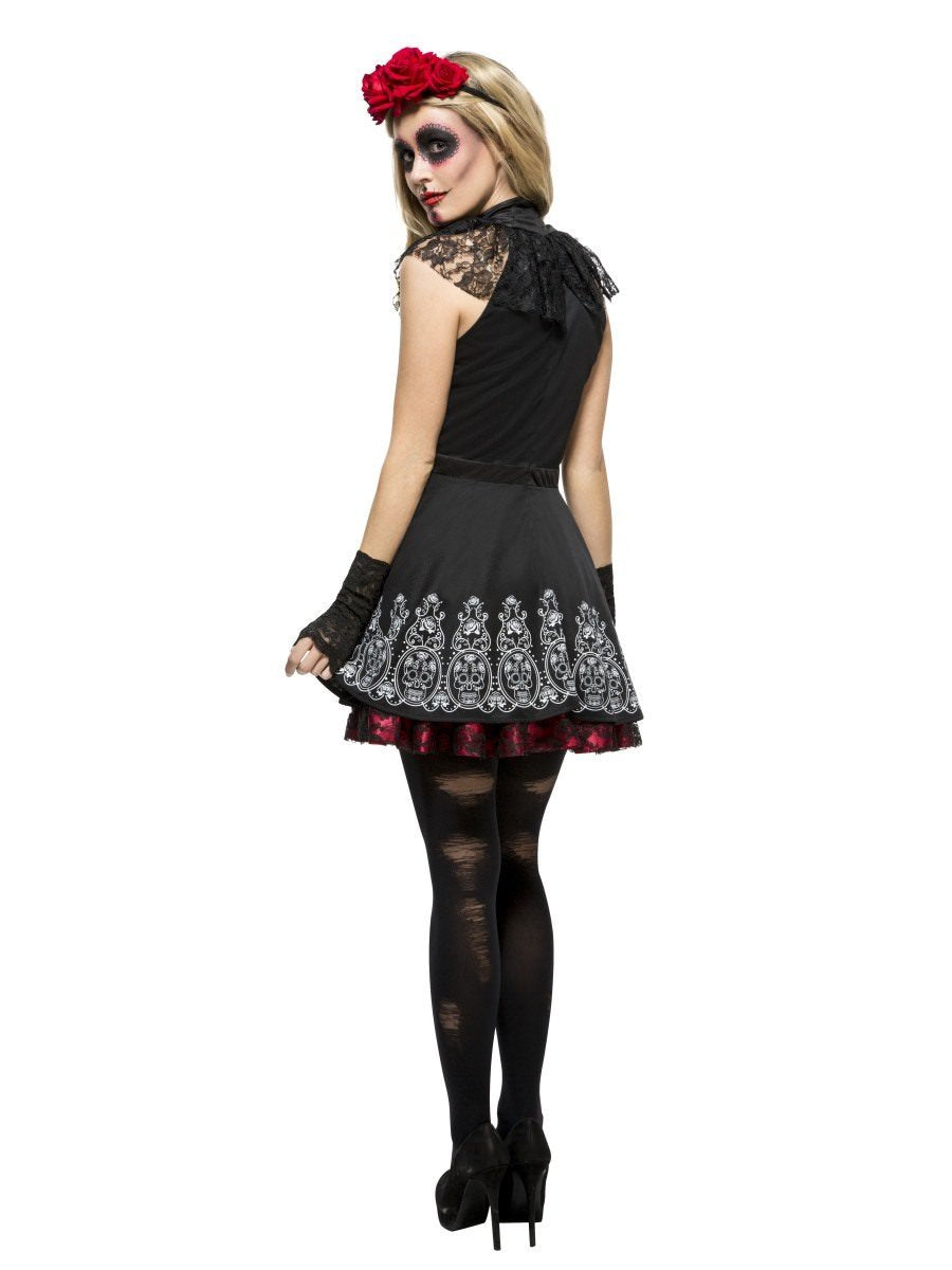 Fever Day of the Dead Costume Adult Black Dress Attached Underskirt Rose Headband