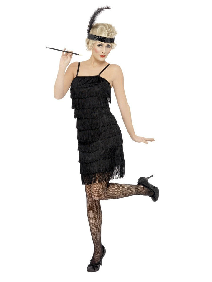 Fringe Flapper Costume Adult Black Dress Head Piece with Feather