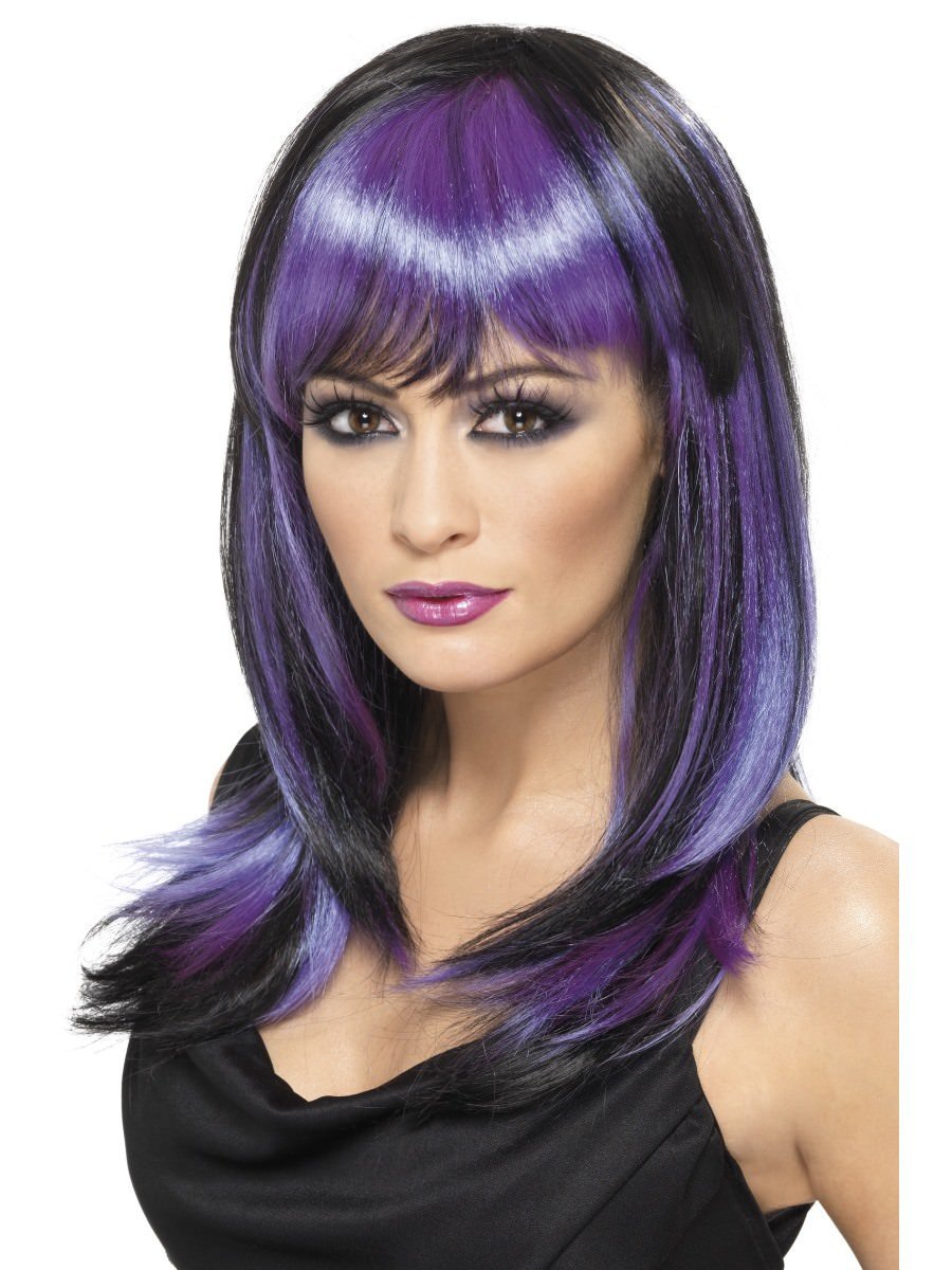 Glamour Witch Wig Adult Black Purple Long Hair with Fringe