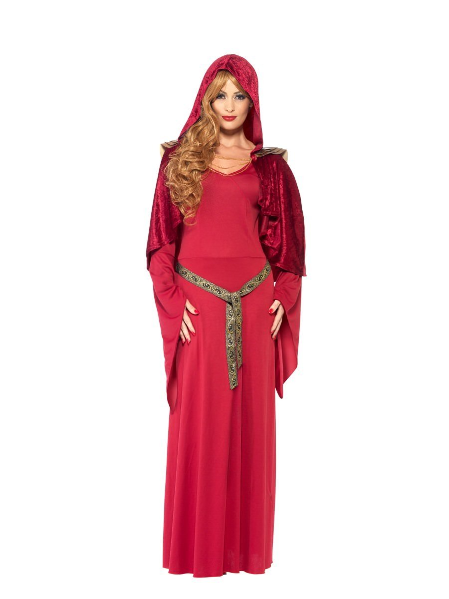 High Priestess Costume Adult Red Dress Attached Belt Hooded Cape 4