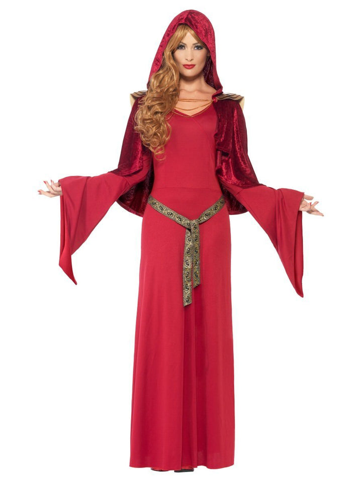 High Priestess Costume Adult Red Dress Attached Belt Hooded Cape