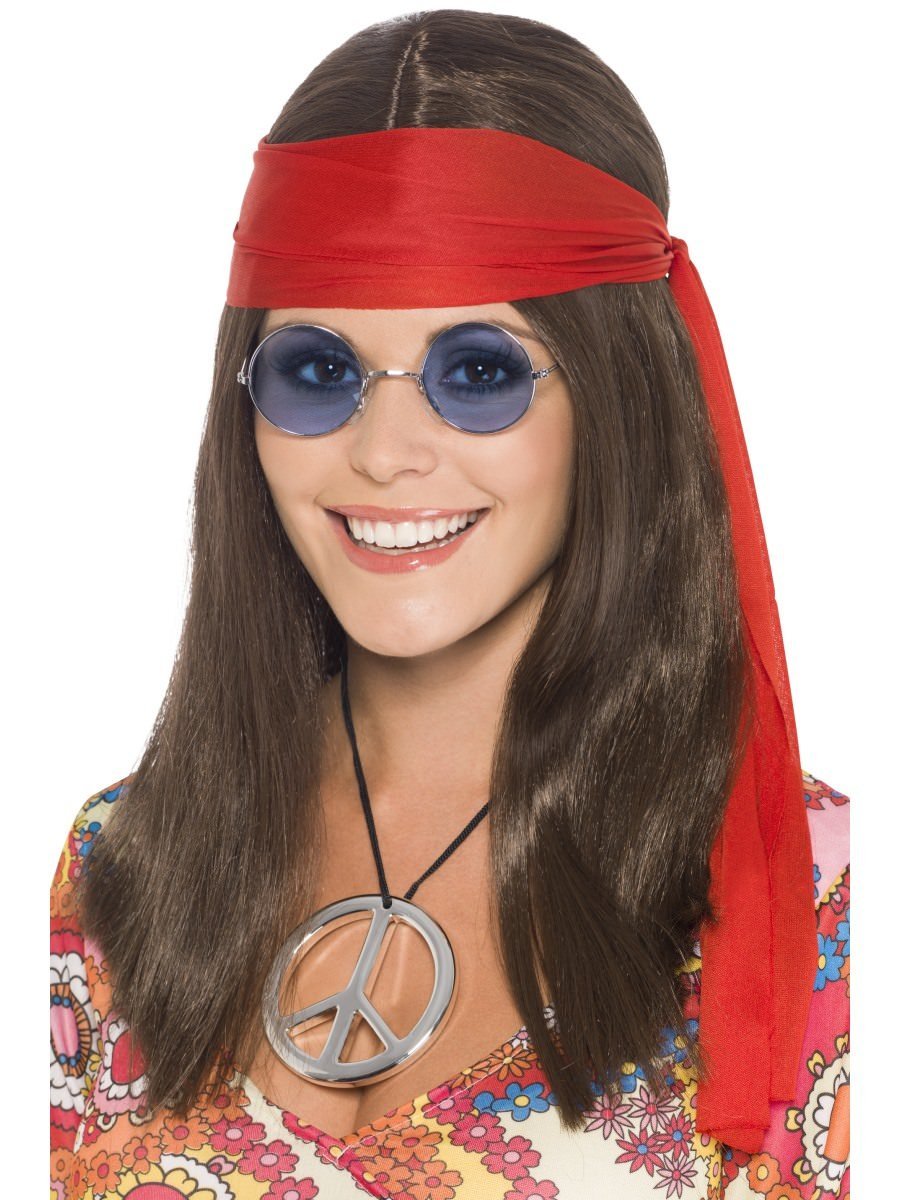 Hippy Chick Kit Adult Brown Wig Specs Medallion Red Headband 1
