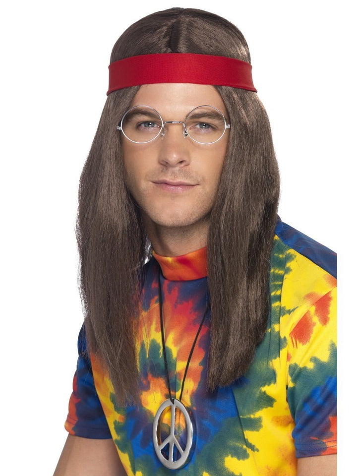 Hippy Man Kit Long Brown Wig Specs Medallion Red Headband Adult 60s Costume Accessory