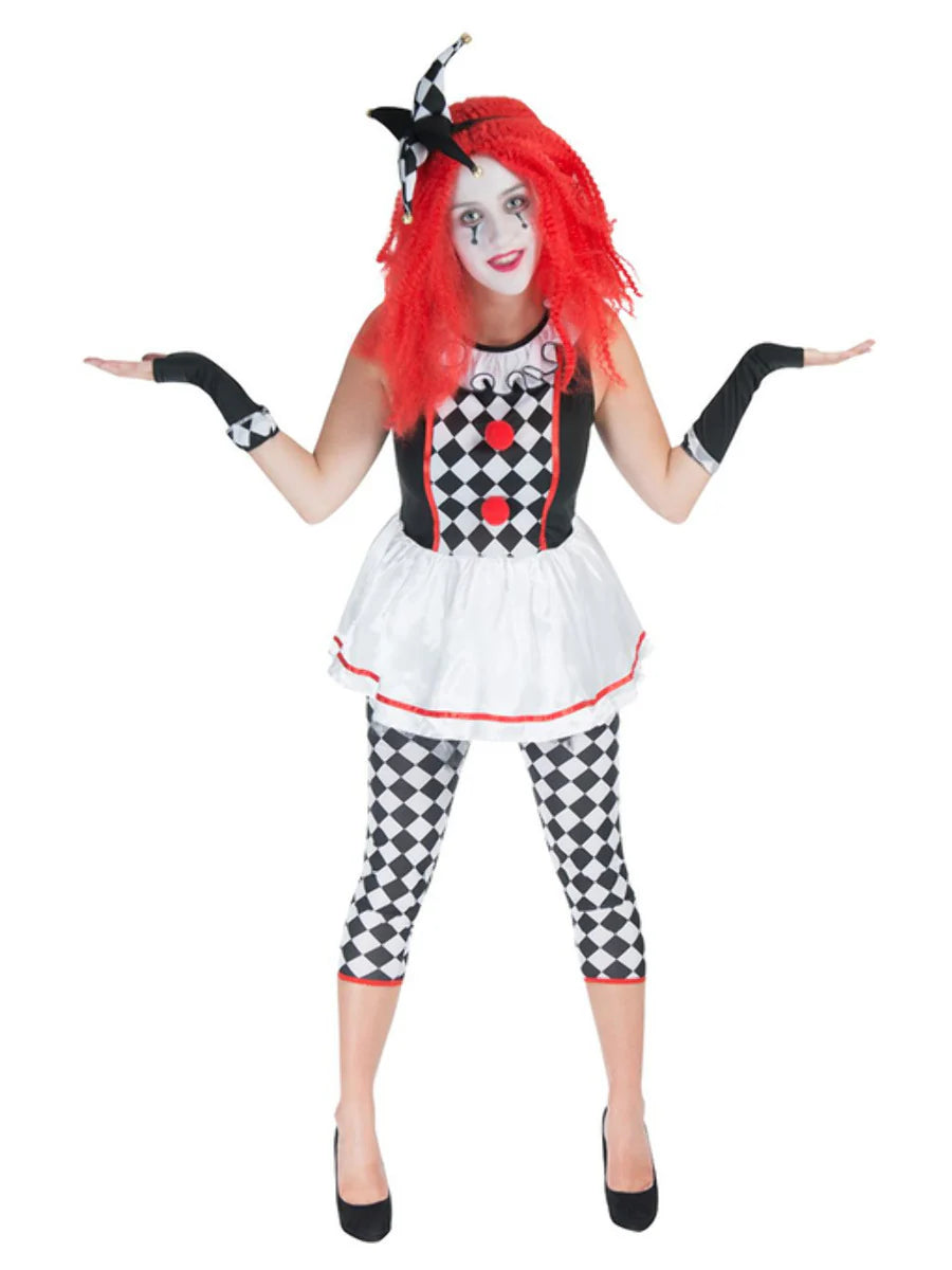Ladies Clown Jester Costume Dress Gloves Leggings and Headband Harlequin 1
