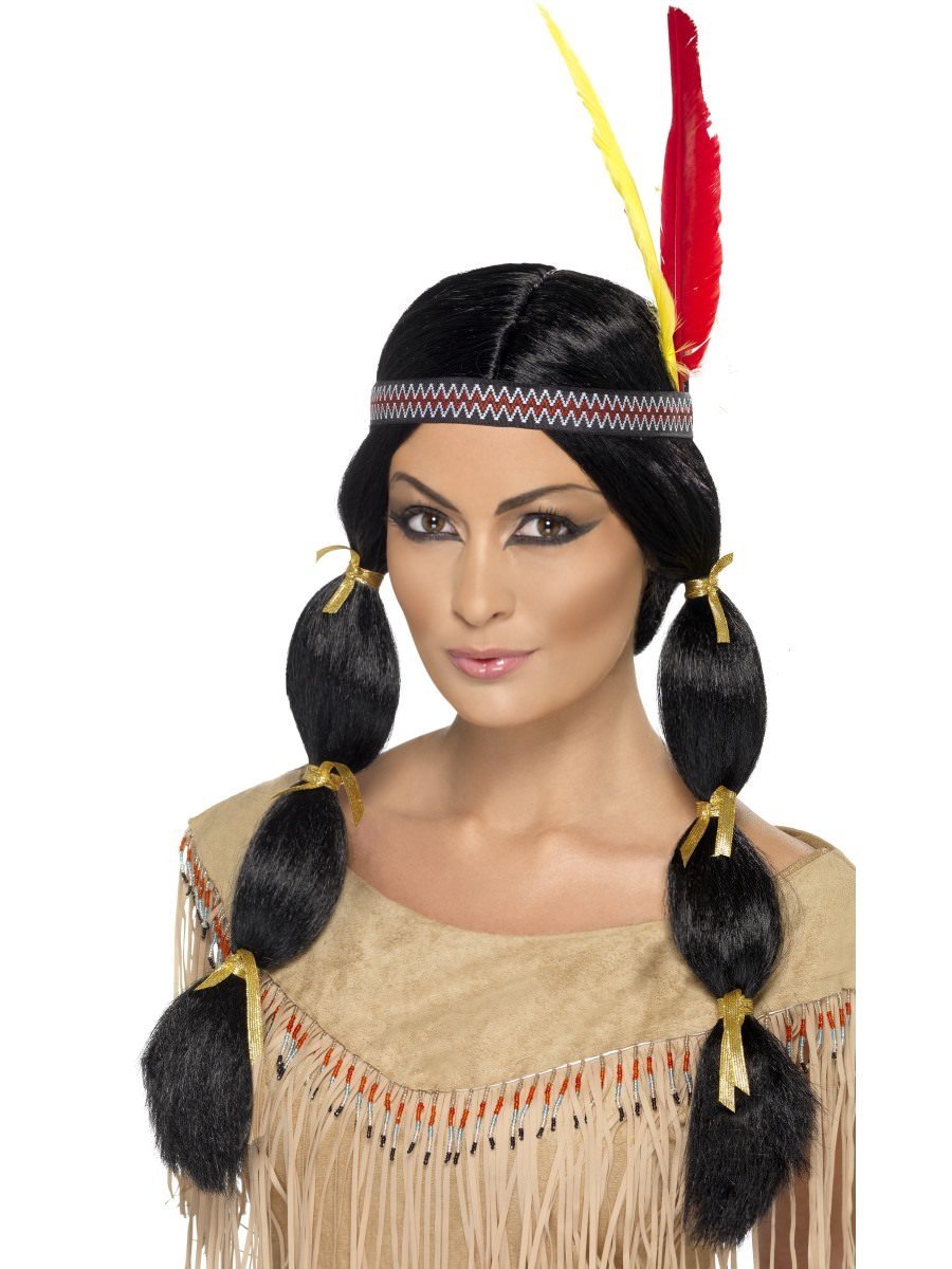 Native American Inspired Wig Black Pigtails Feather Headband