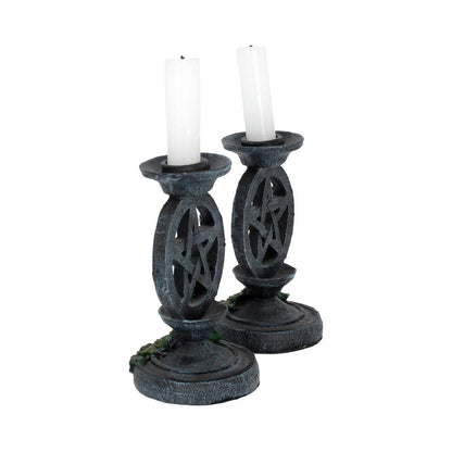 Pair of Aged Ivy Pentagram Candlesticks Gothic Candle Holders 13.4cm 3