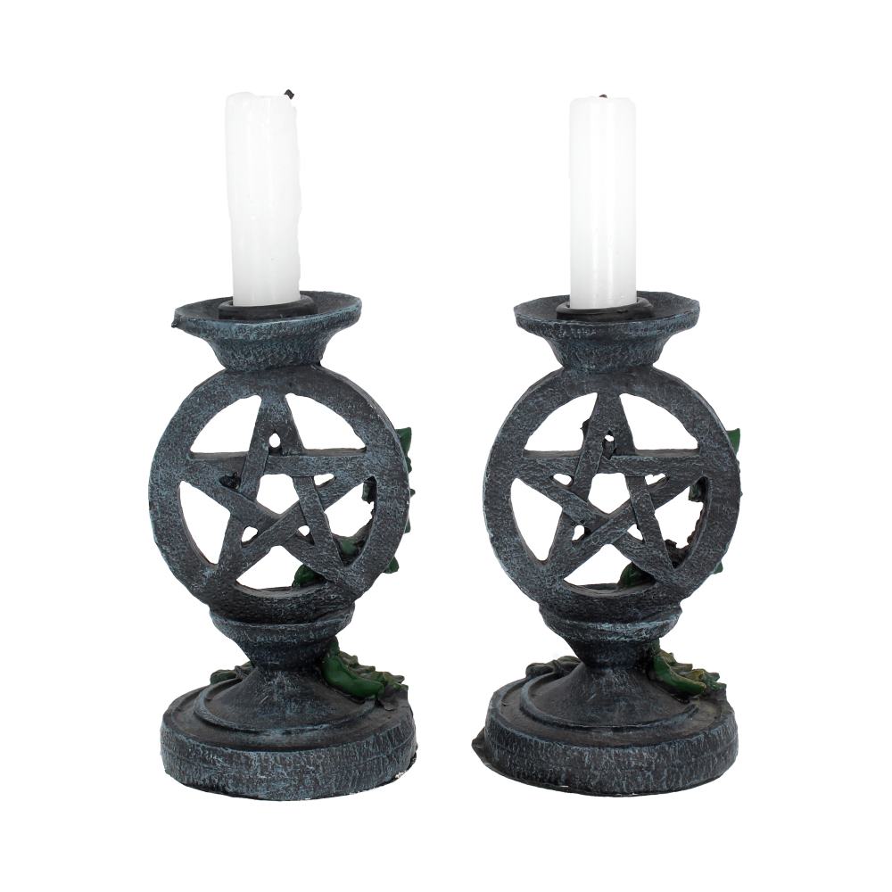Pair of Aged Ivy Pentagram Candlesticks Gothic Candle Holders 13.4cm 4
