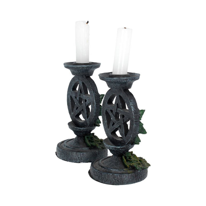 Pair of Aged Ivy Pentagram Candlesticks Gothic Candle Holders 13.4cm 5