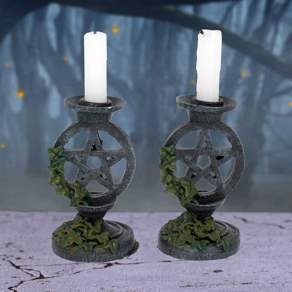Pair of Aged Ivy Pentagram Candlesticks Gothic Candle Holders 13.4cm 7
