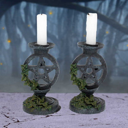 Pair of Aged Ivy Pentagram Candlesticks Gothic Candle Holders 13.4cm 7
