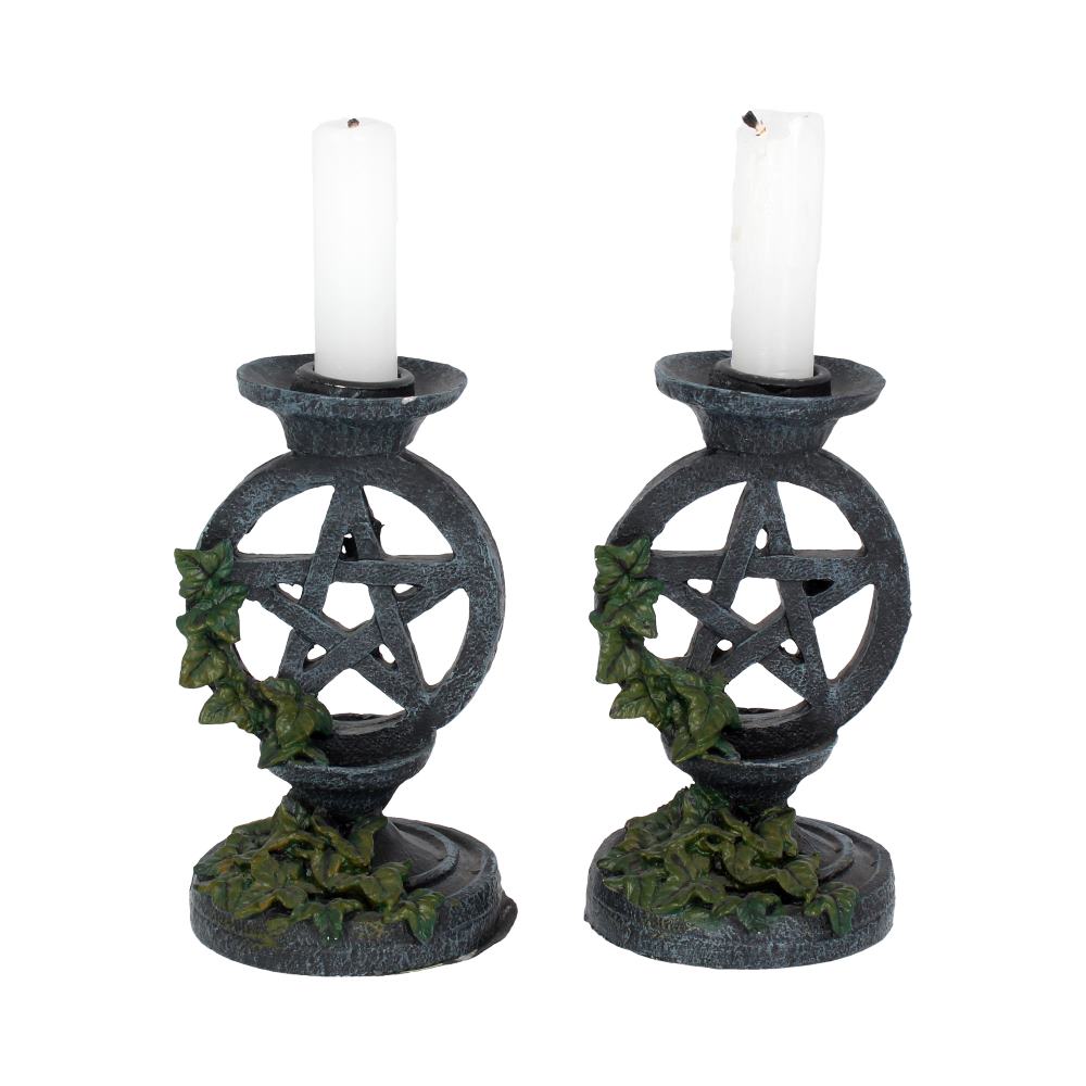 Pair of Aged Ivy Pentagram Candlesticks Gothic Candle Holders 13.4cm 1