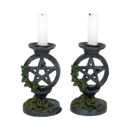 Pair of Aged Ivy Pentagram Candlesticks Gothic Candle Holders 13.4cm 1