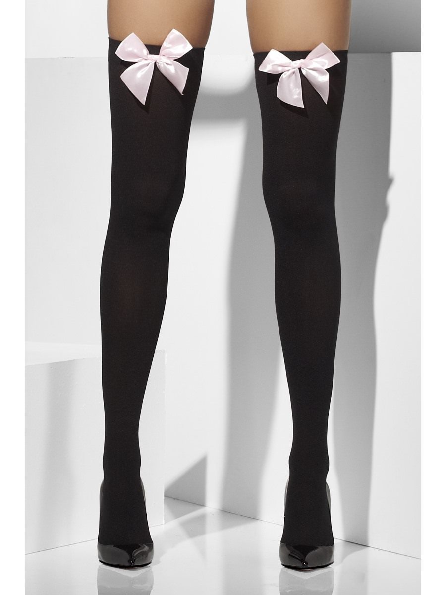 Opaque Hold Ups Adult Black Pink Bows 1