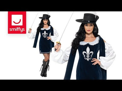 Musketeer Female Costume Adult Navy Blue Dress with White Sleeves Hat 3
