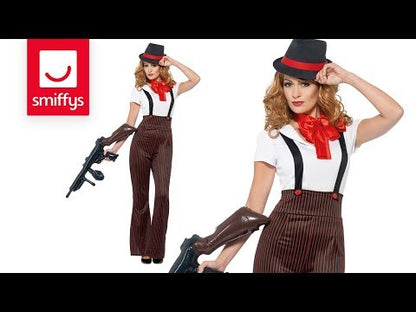 Glam Gangster Costume Black and Red Trousers White Top Mock Braces Neck Tie and Hat 6