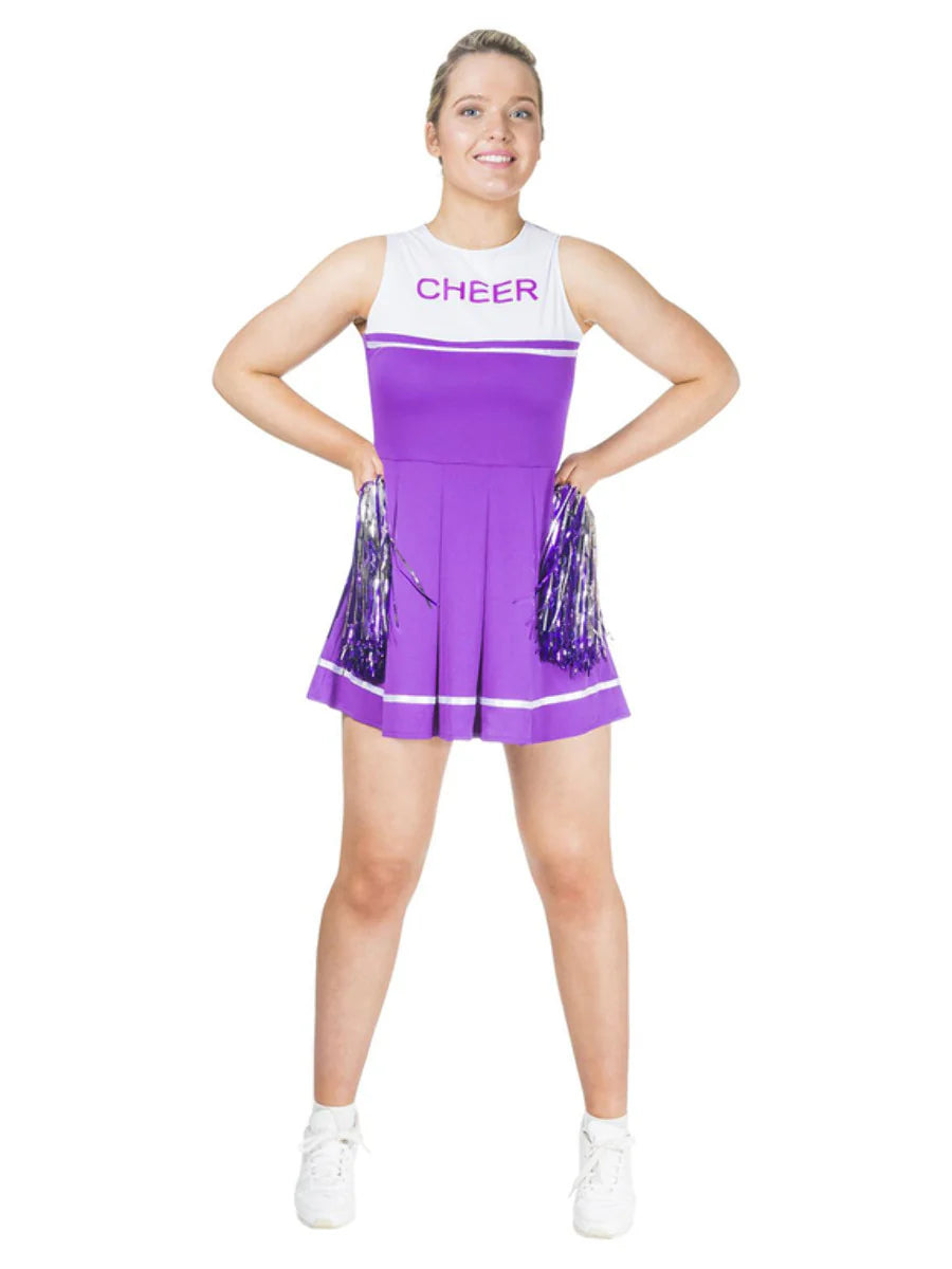 Purple Cheerleader Costume Dress and Pom Poms 1