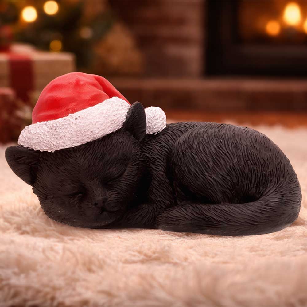 Merry Whiskers Sleeping Black Cat in Santa Hat 9.5cm