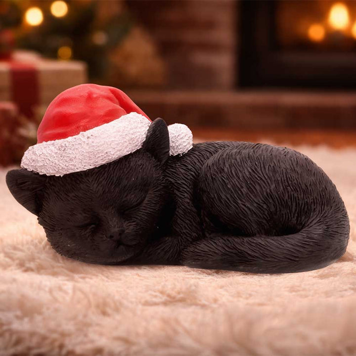 Merry Whiskers Sleeping Black Cat in Santa Hat 9.5cm