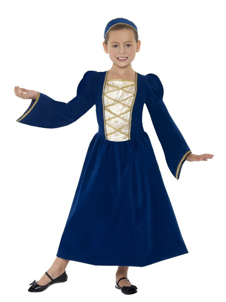 Tudor Princess Girl Costume Kids Royal Blue Dress Headband