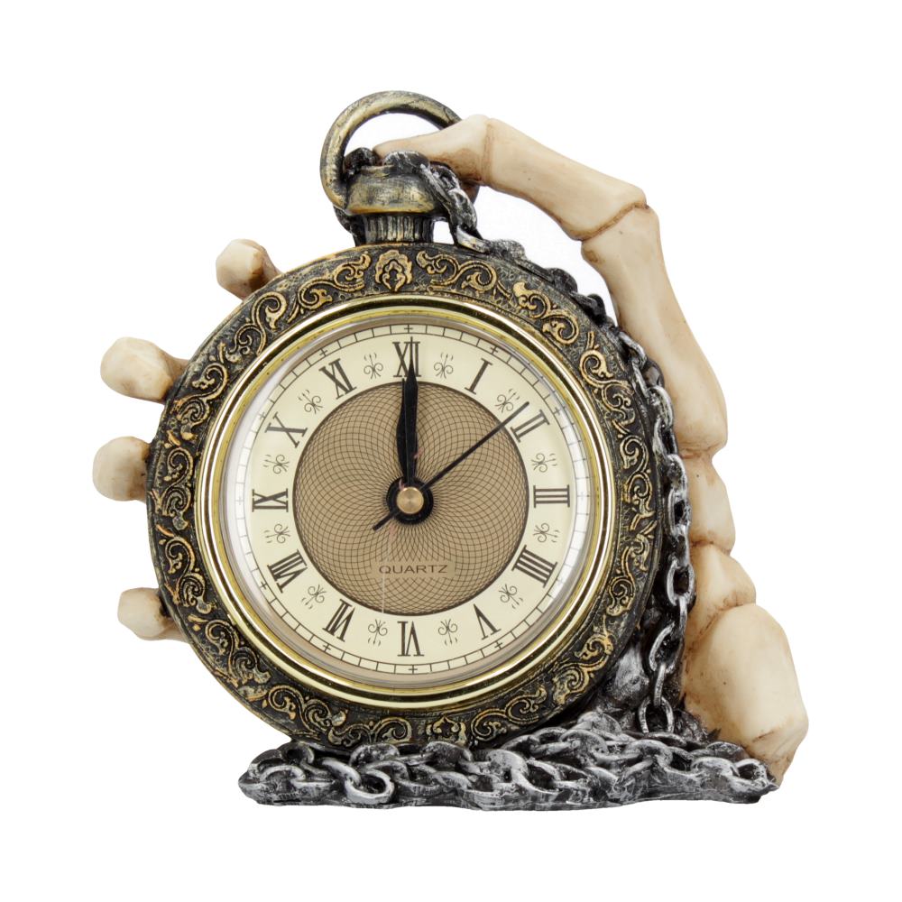 About Time Skeleton Hand and Pocket Watch Mantel Clock 14cm 1