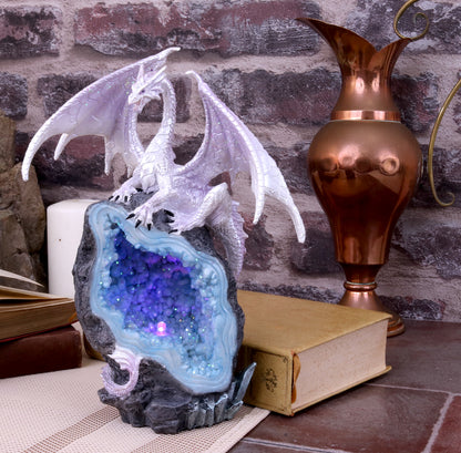 Glacial Custodian Fantasy White Dragon Sitting On a Geode 22cm 4