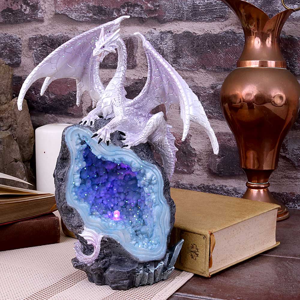 Glacial Custodian Fantasy White Dragon Sitting On a Geode 22cm 5
