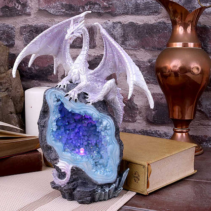 Glacial Custodian Fantasy White Dragon Sitting On a Geode 22cm 5