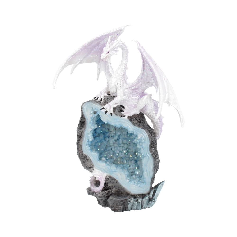 Glacial Custodian Fantasy White Dragon Sitting On a Geode 22cm 6
