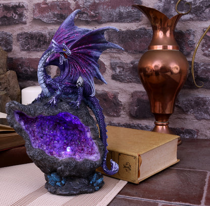 Amethyst Custodian Fantasy Purple Dragon Sitting On a Geode 22cm 5