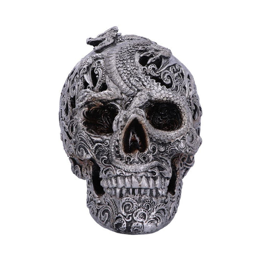 Silver Cranial Drakos Engraved Dragon Skull Ornament 19.5cm 1