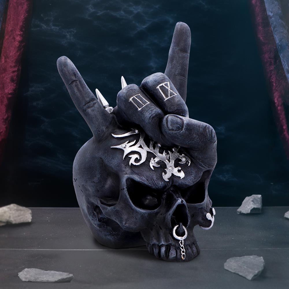 Horns Up Rocking Skull Ornament 17.5cm Resin Statue 7