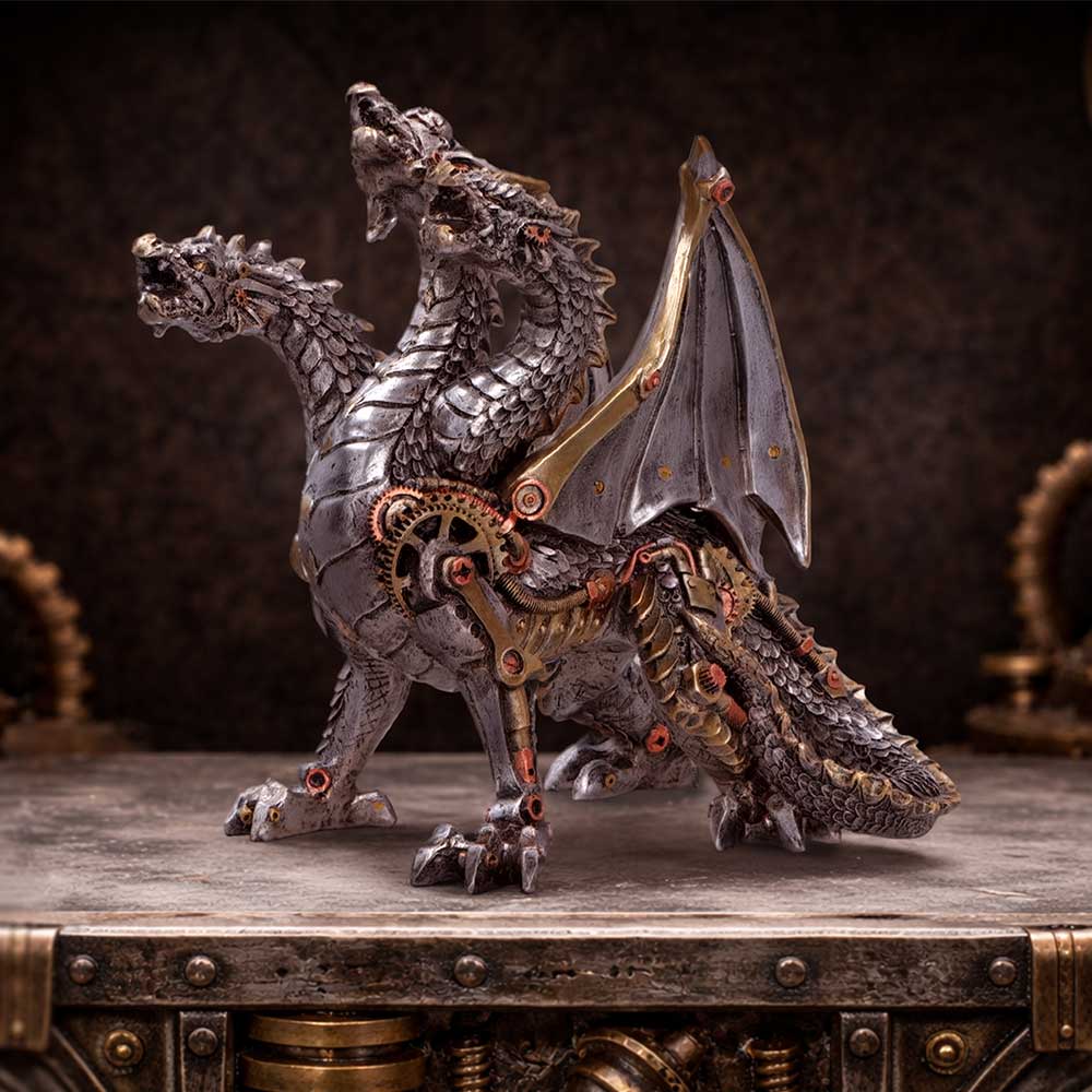 Three Headed Steampunk Dragon Figurine 23cm 7