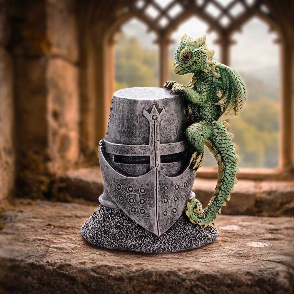 Green Dragon on Knight Helmet Figurine 12cm 7
