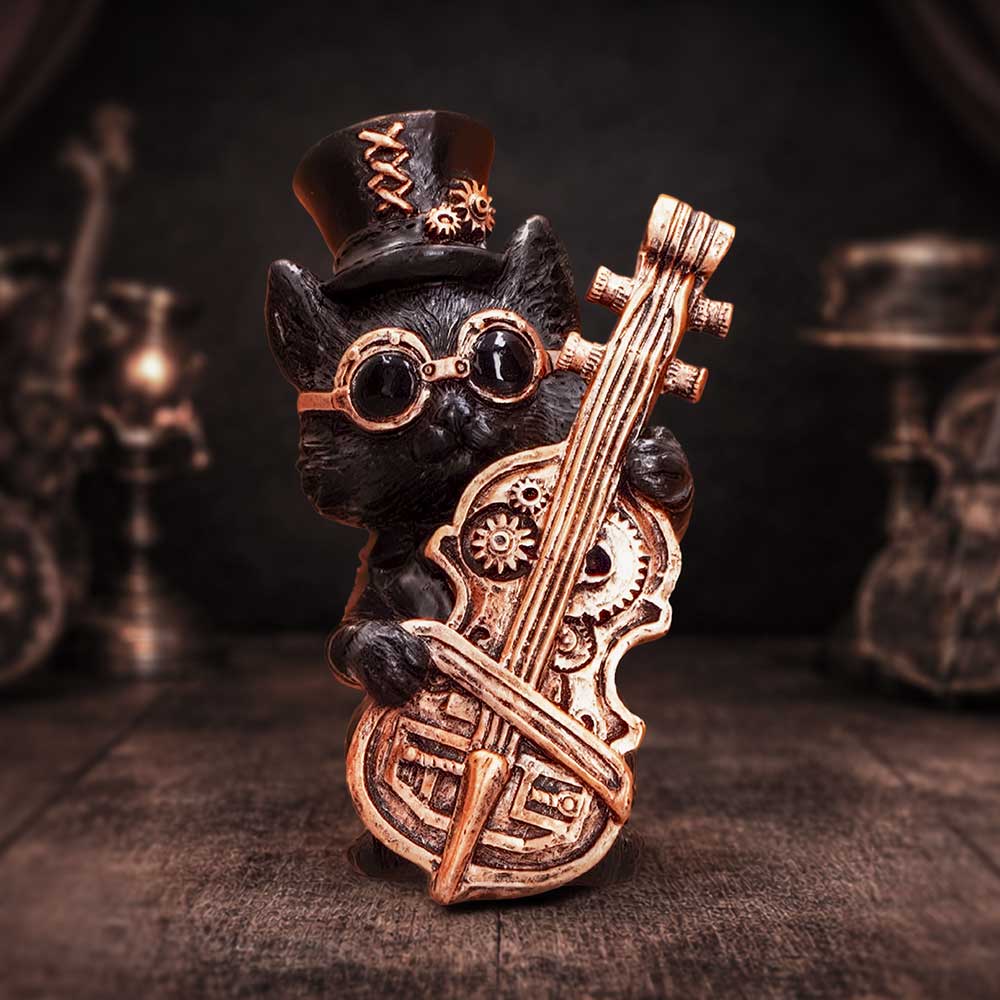 Music Meowstro Steampunk Black Cat Playing Cello Figurine 10cm 7