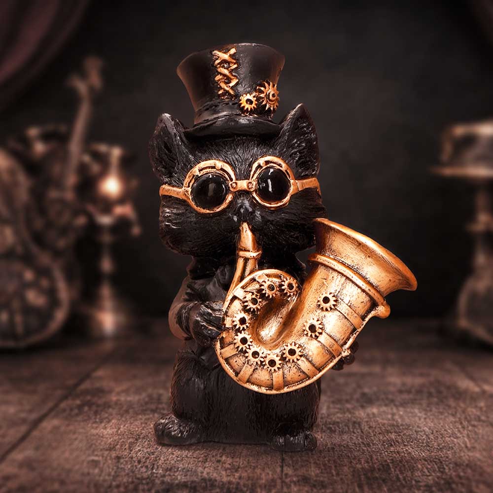 Music Meowstro Steampunk Black Cat Playing Horn Figurine 10cm 7