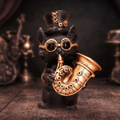 Music Meowstro Steampunk Black Cat Playing Horn Figurine 10cm 7