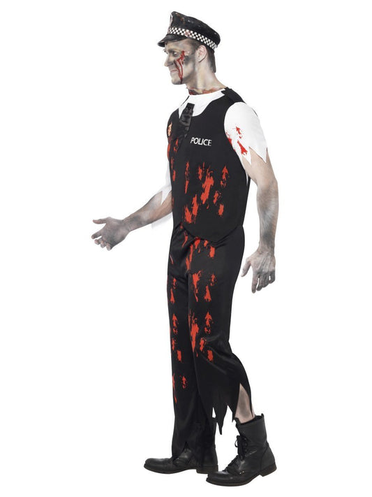Zombie Policeman Costume Adult Black Red White Shirt Tie Trousers Hat 2