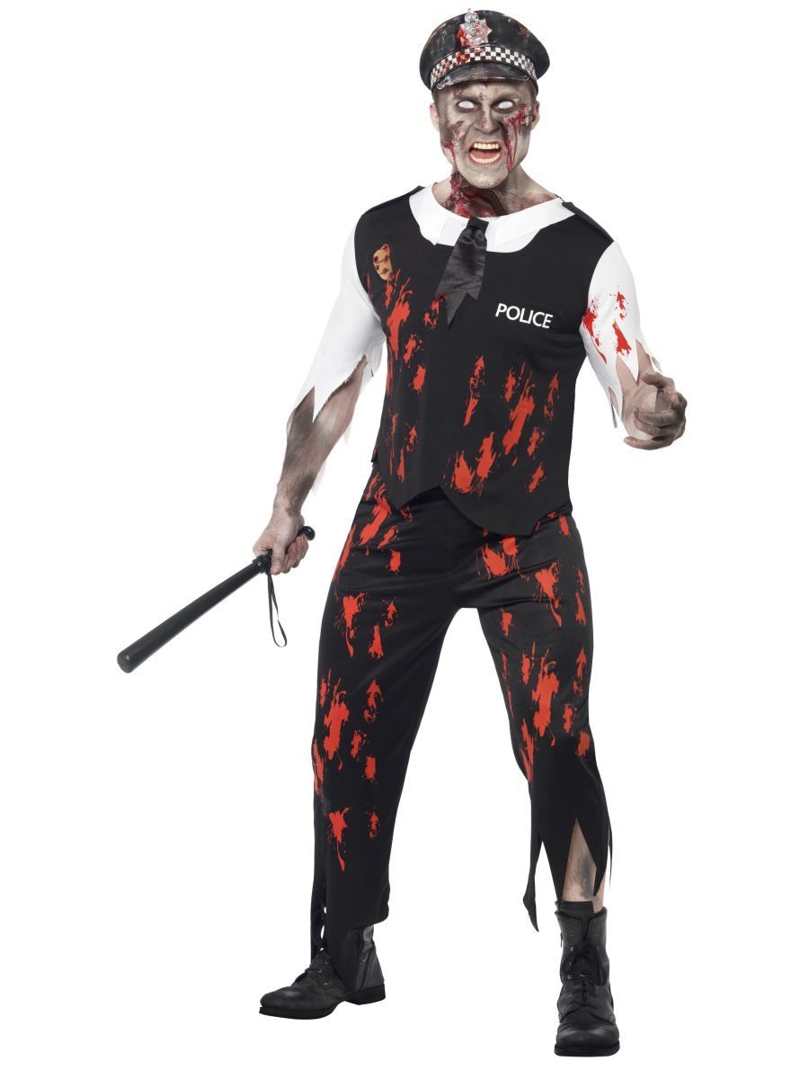 Zombie Policeman Costume Adult Black Red White Shirt Tie Trousers Hat