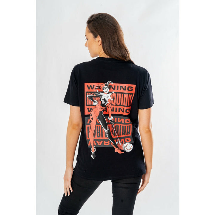 Harley Quinn Adult Black Front Back Warning T-Shirt DC_1