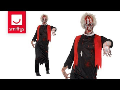 Zombie High Priest Mens Costume Black Blood Stained Tunic and Cross Necklace 4