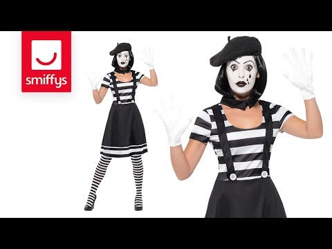 Lady Mime Artist Costume Adult Black and White Dress Collar Beret Gloves Tights Make Up 11